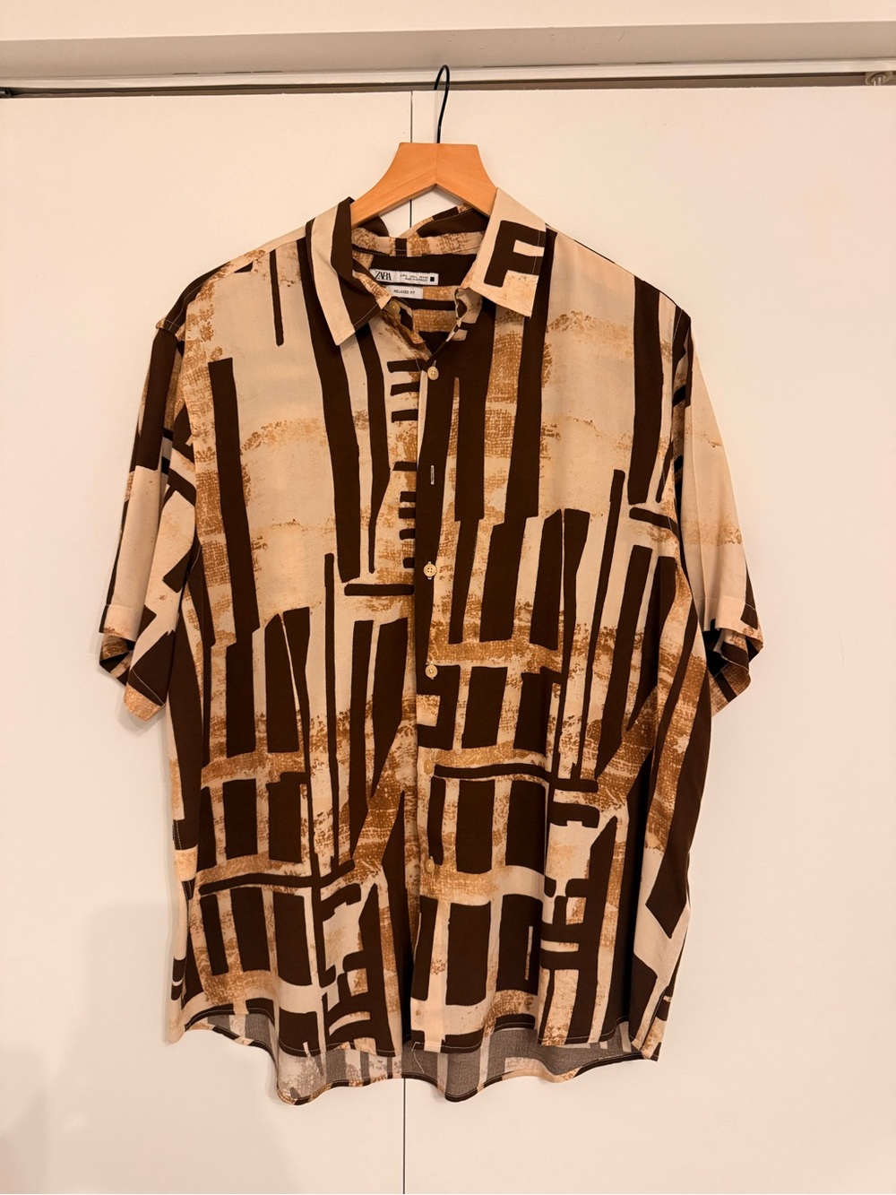 Zara Brown & Beige Abstract Short-Sleeve Button-Down Shirt